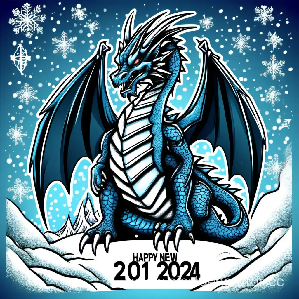 Нарисуй тематическую поздравительную открытку с 2024 годом, на которой будет дракон из kali linux, снег, подарки, что-то из компьютерной безопасности, тема открытки – компьютерная безопасность и новый год. Текст открытки: "С новым 2024 годом!"