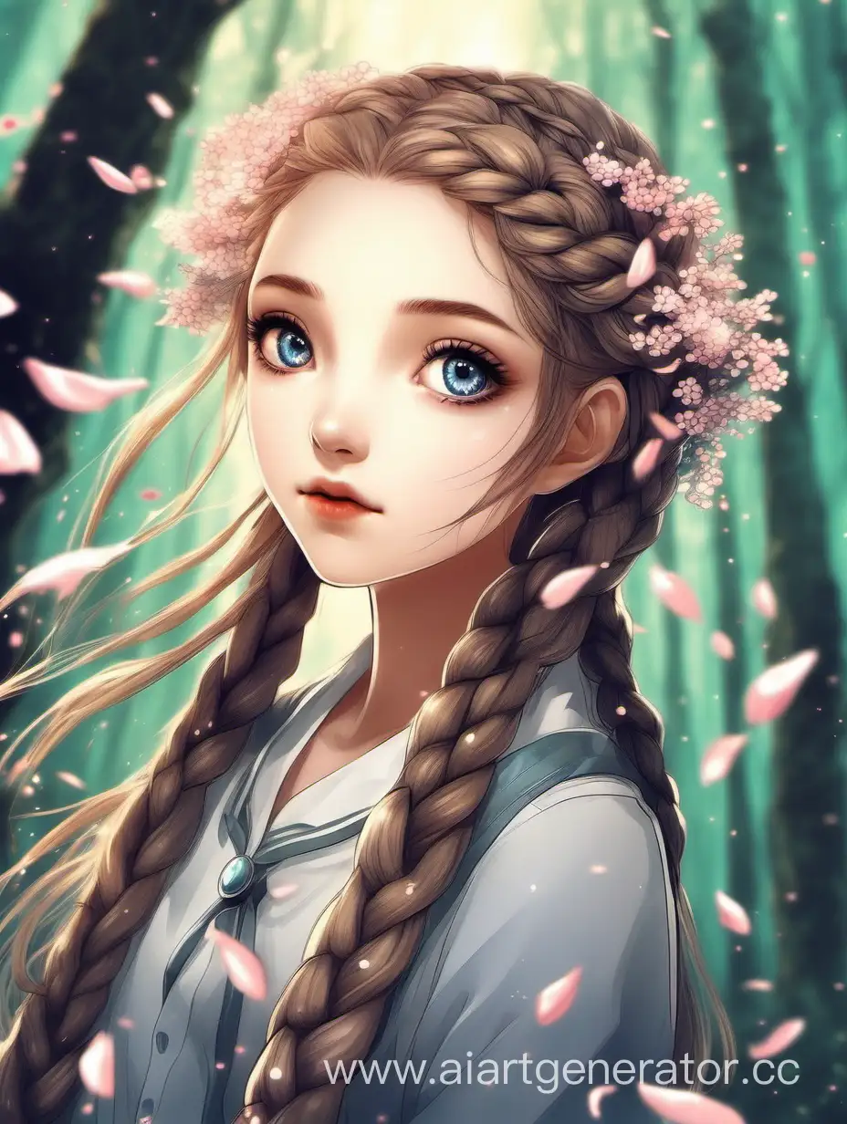 Enchanting-Forest-Portrait-Slanteyed-Girl-with-Braided-Hair-and-Flying-Petals