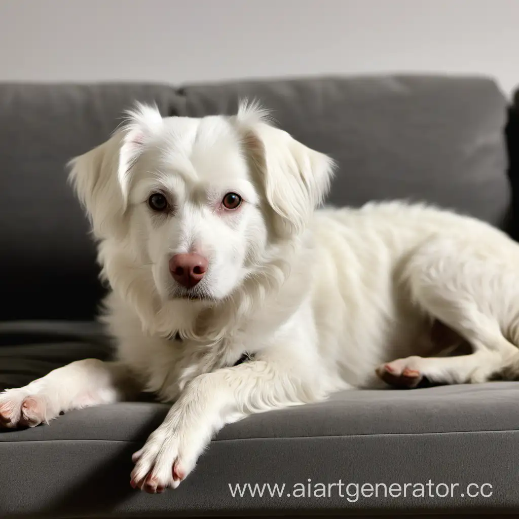 Medium-sized white dog, very kind, resting on the sofa