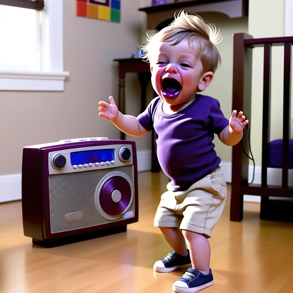 a 2 yr old boy with grape jelly on his mouth, dancing to music that is playing on a radio in the background 