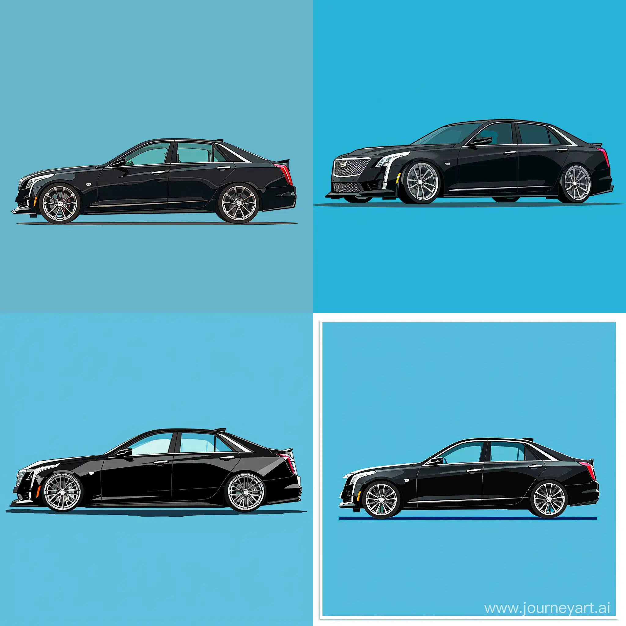 Minimalism Pixel Art Illustration, Cadillac CT5: Black lack Body Color, Silver Rims, Simple Blue Background, Adobe Illustrator Software, High Precision