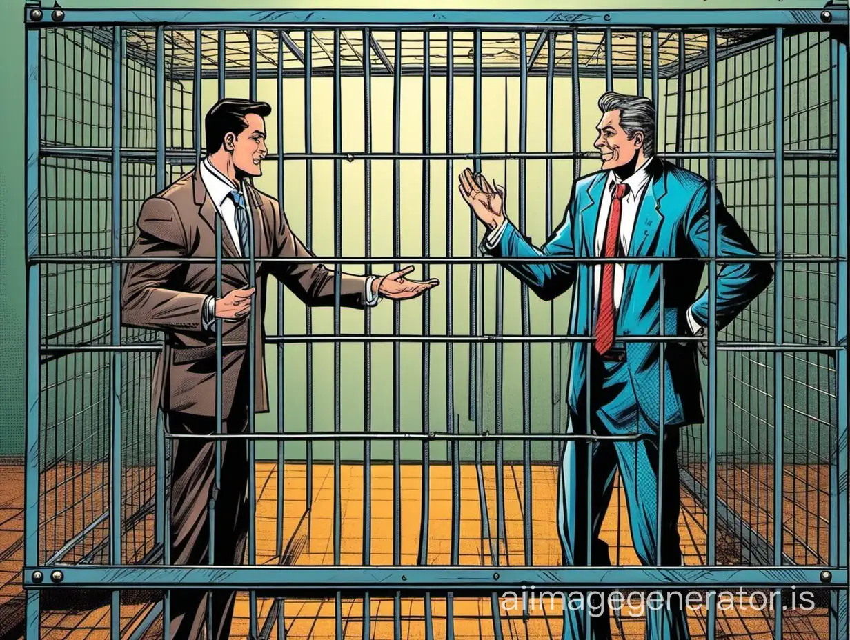 A satisfied lawyer holds out his hand to a businessman who is standing in an open cage, in the style of a comic book