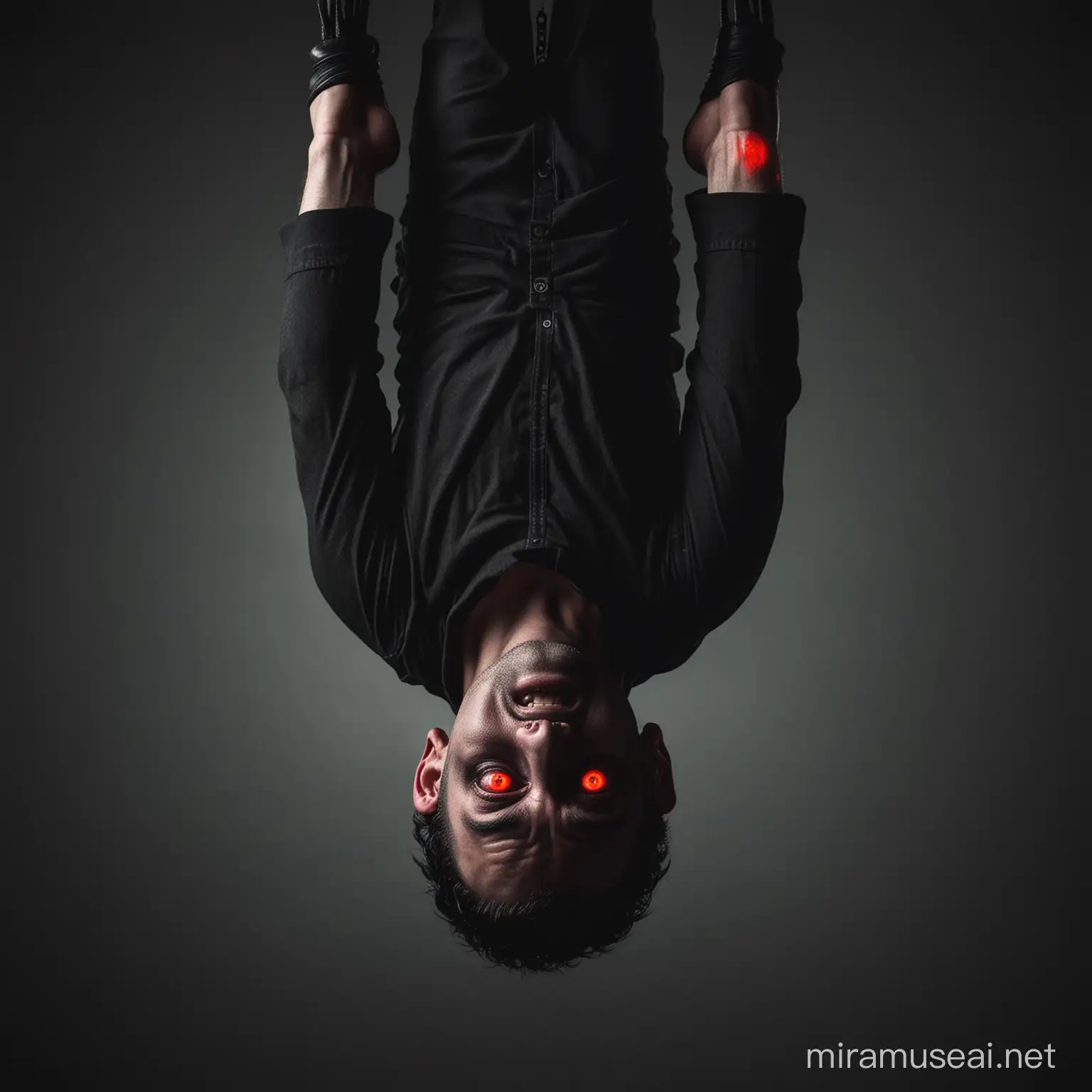 Male Body hanging upside down with glowing red eyes and a  freakishly dark like appearance