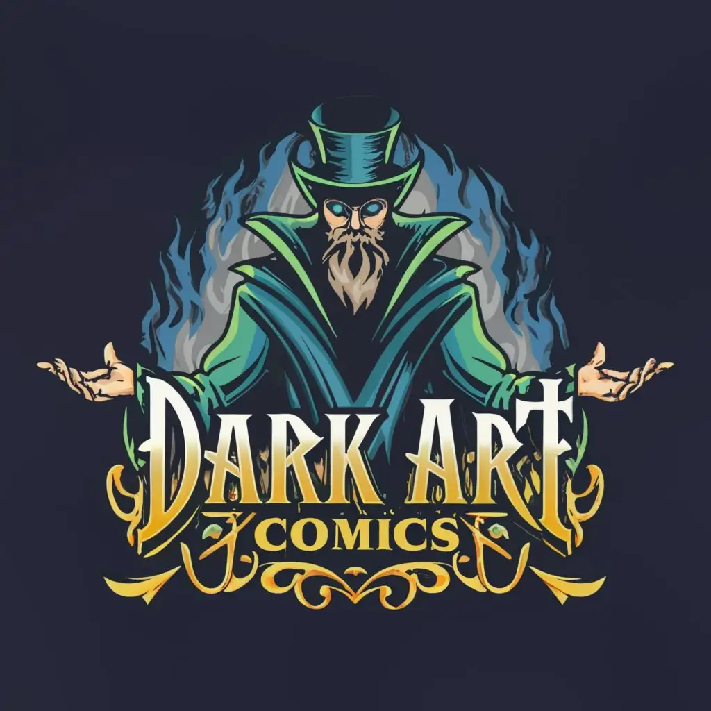 a logo design,with the text 'Dark Art Comics', main symbol:Dark Art Magician that is buff and hot for comic establishment blue and green color scheme,complex,be used in Entertainment industry,clear background