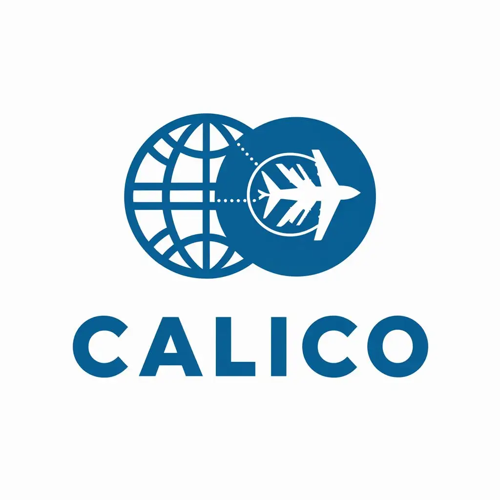logo, Globe and aeroplane , with the text "Calico", typography, be used in Travel industry