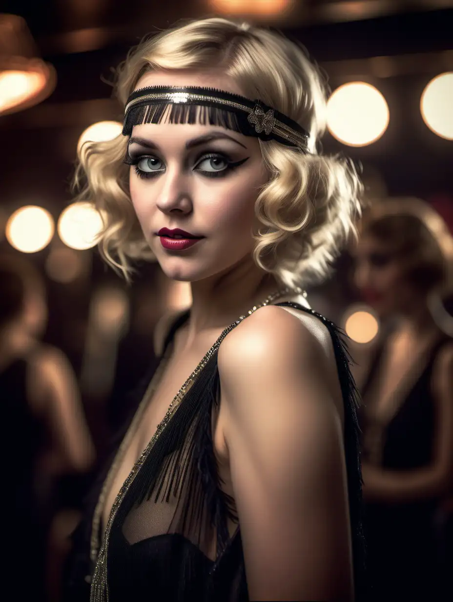 Beautiful Nordic woman, very attractive face, detailed eyes, big breasts, slim body, dark eye shadow, long messy blonde hair, dressed as a sexy Gatsby style flapper girl in a black dress, close up, bokeh background, soft light on face, rim lighting, facing away from camera, looking back over her shoulder, standing in a jazz club, photorealistic, very high detail, extra wide photo, full body photo, aerial photo