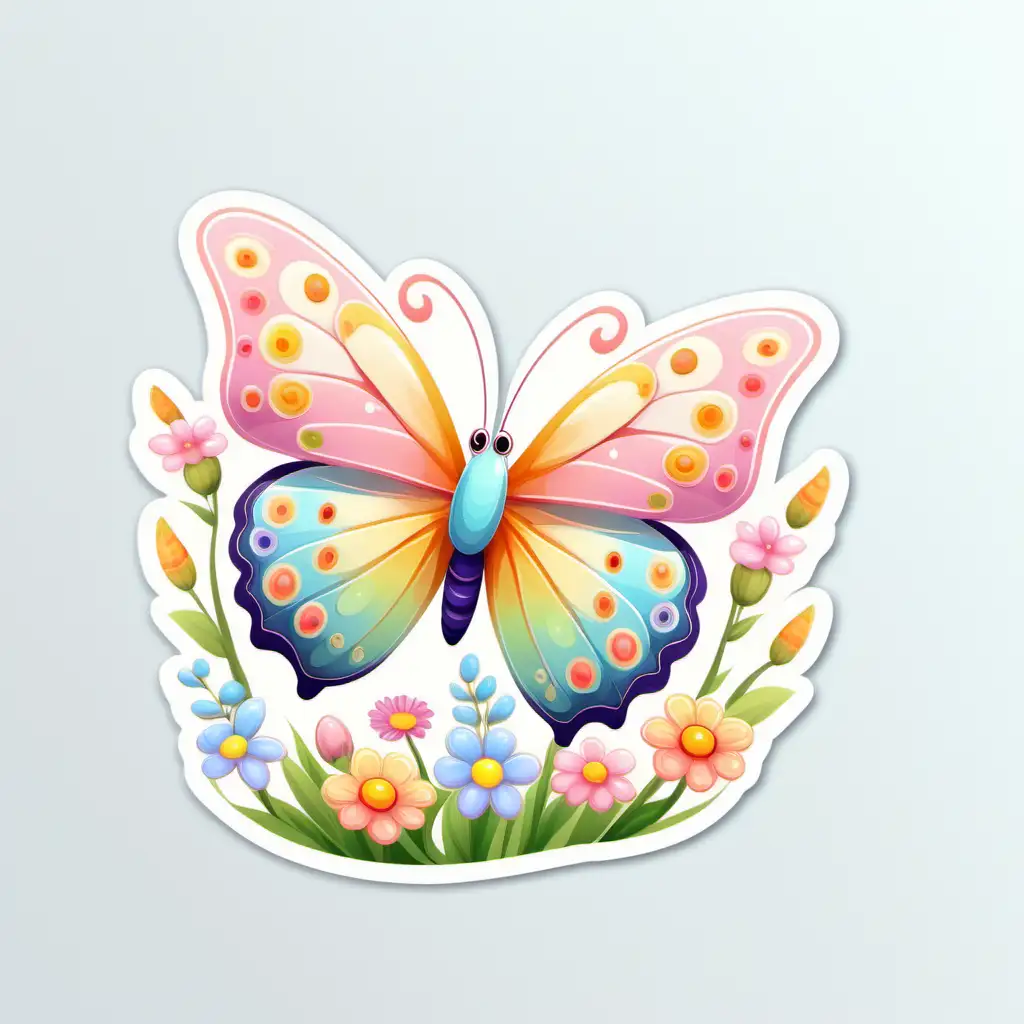 Cute,fairytale,whimsical, pastel,cartoon, BUTTERFLY ,beautiful SPRING FLOWERS,sticker,white background, bright,colorful