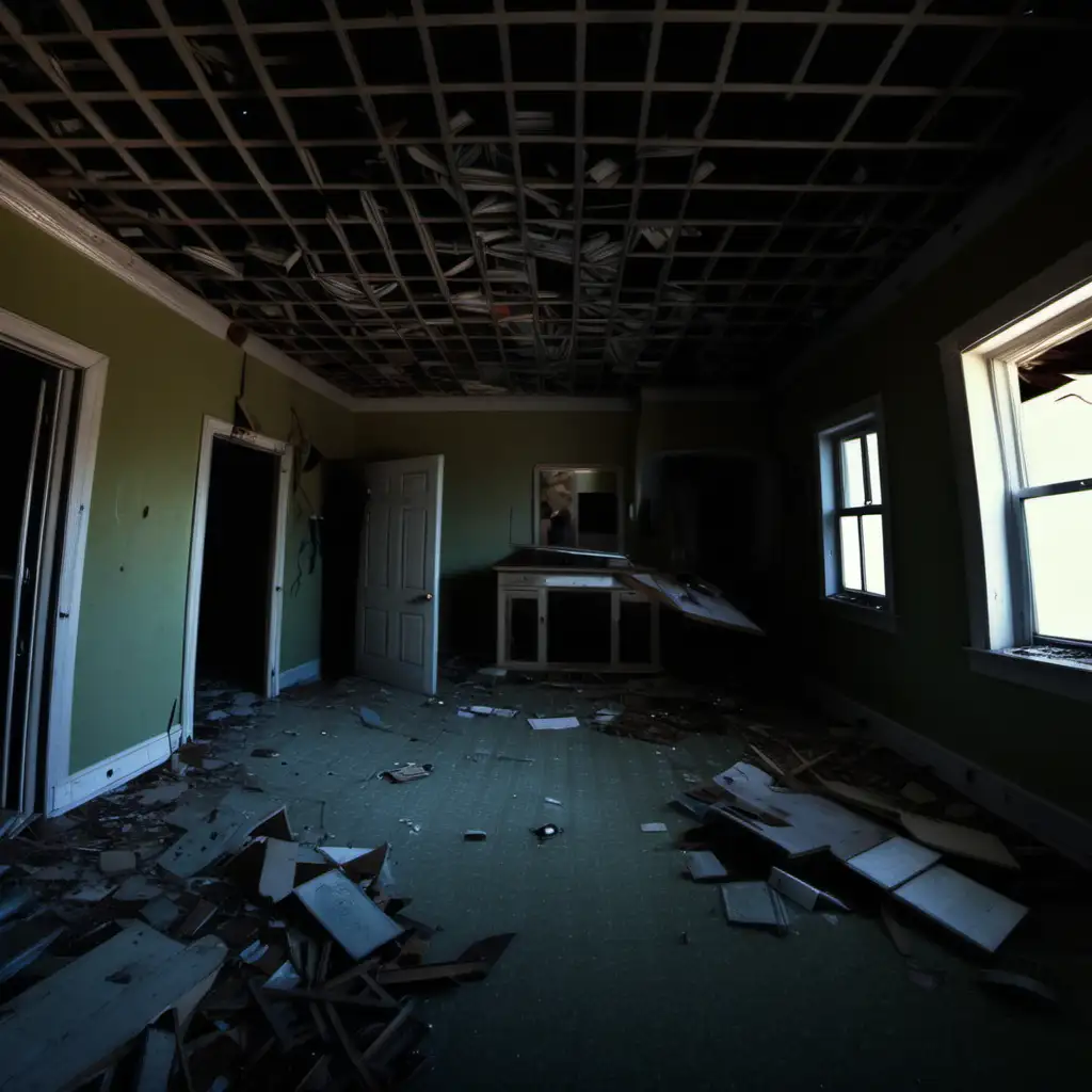 Inside of an abandoned house. Wide shot. 