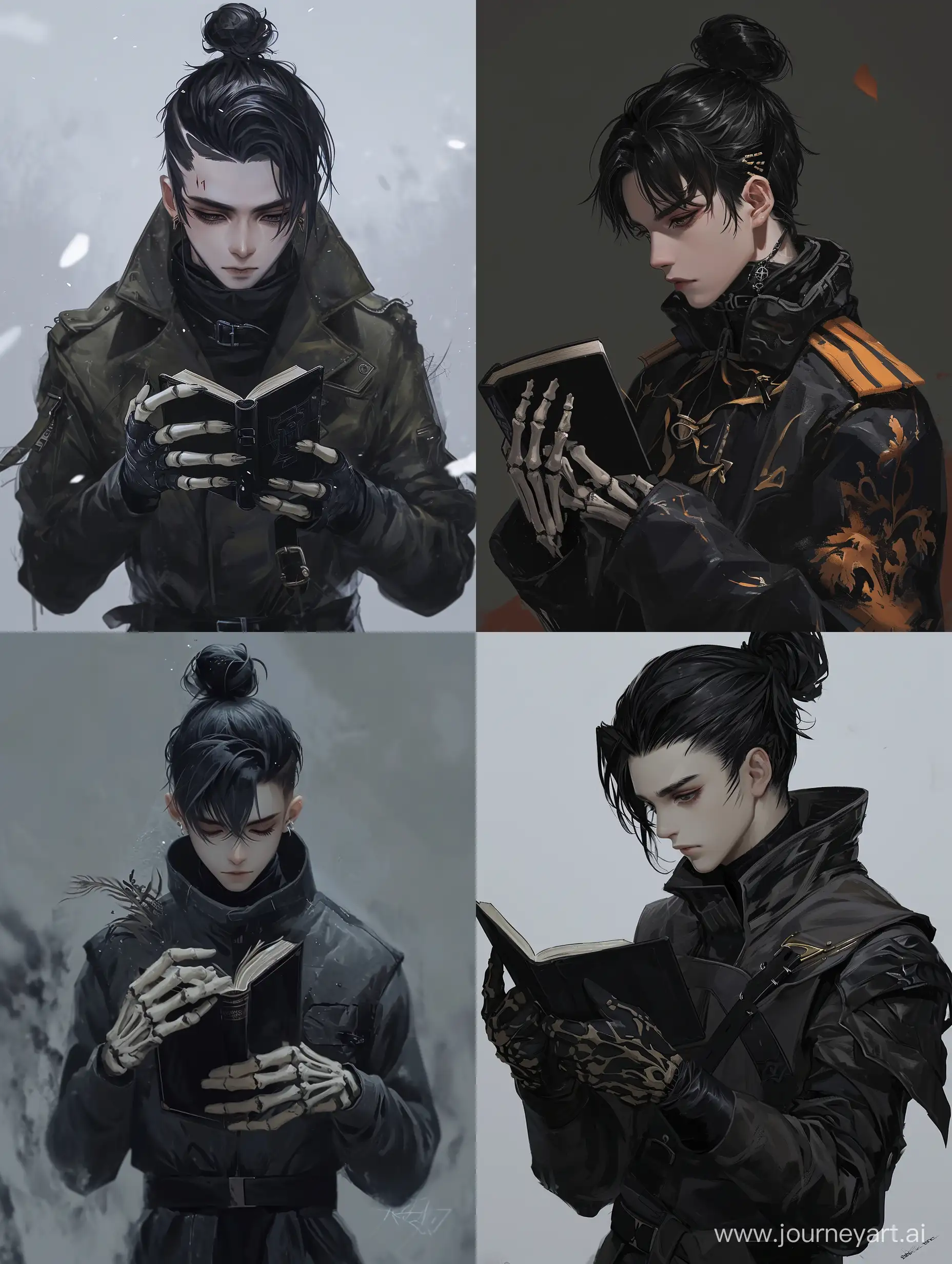A male anime character, black hair short on the sides, high bun, leader jacket, noir dark fantasy ambient, bone gloves, black little book in hands