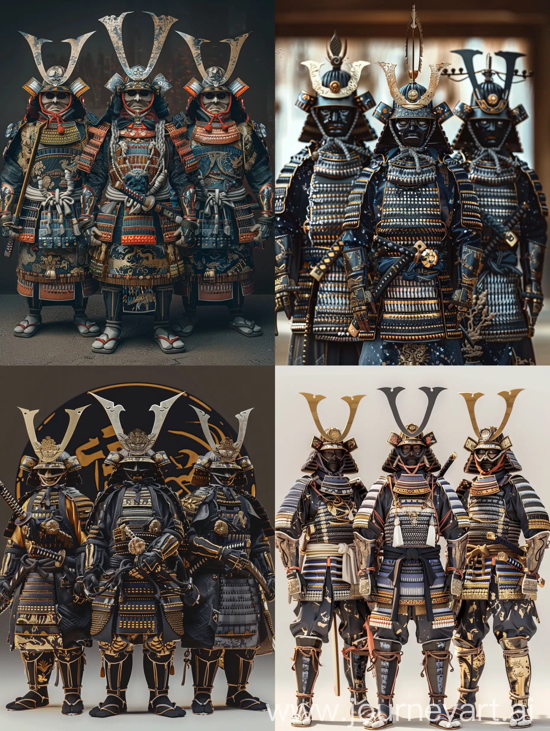 Real trio samurai royalty armour, very intricated details, hyper-realistic, 3d, Editorial
