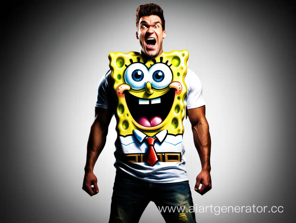 a pumped-up spongebob in a swo t-shirt.
