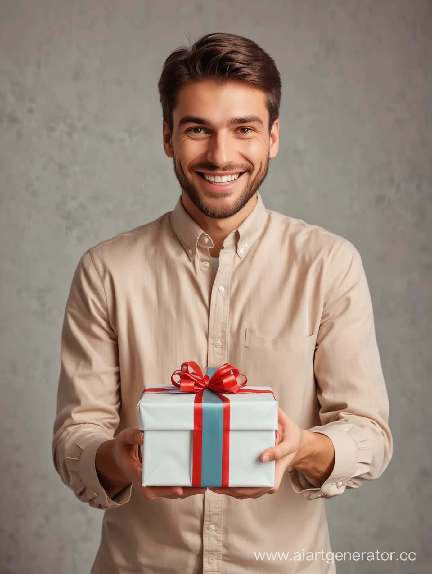 улыбающийся мужчина открывает подарок, который держит в руках, стоит прямо по центру, смотрит на подарок