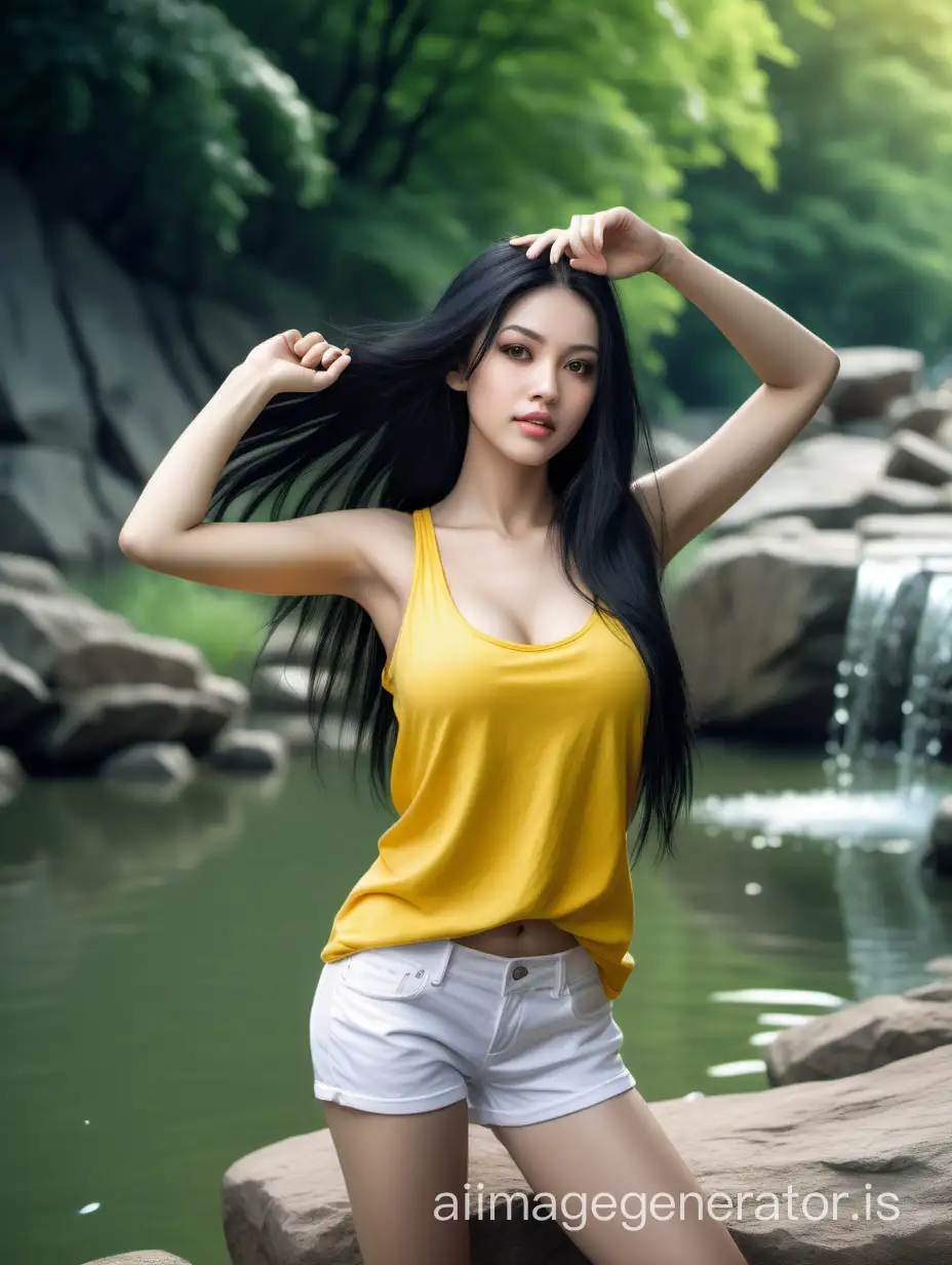 A beautiful girl, long black hair, wearing a yellow sleeveless tank top, one of her hands is raised to hold part of her hair, short white pants, in a river, green clear water, posing beside a big rock, behind her there's a water fountain, she looks sexy and arousing, medium breast, photorealistic, realism, highly detailed picture, best quality, raw photo, professional photography, beauty shot, HDR, masterpiece, shot on camera Sony A7III , lens 55 mm f 1.8, diffused lighting scenario