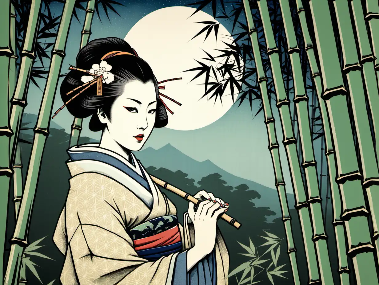 Ukiyo-e  Style artwork of a Japanese woman in the bamboo forest 