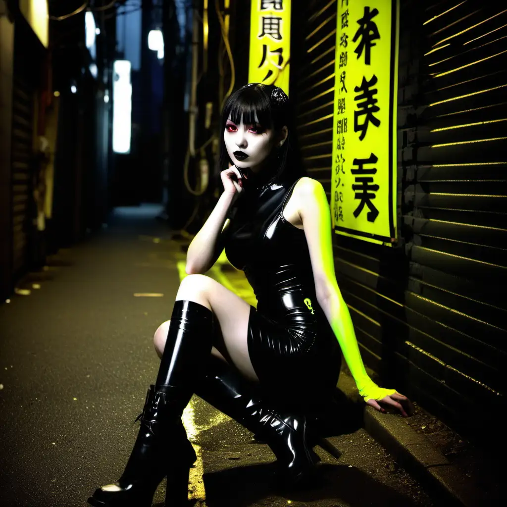 Goth girl. Night. Neon yellow lights. Black latex dress. Sitting. Alleyway. Tokyo. Signs. 