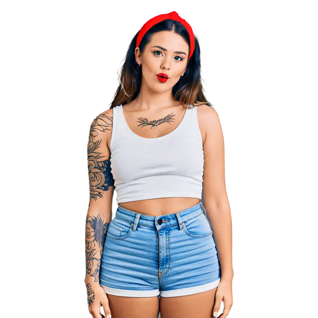 A retro style girl, red lips, tattoos, jeans happy, white singlet shirt