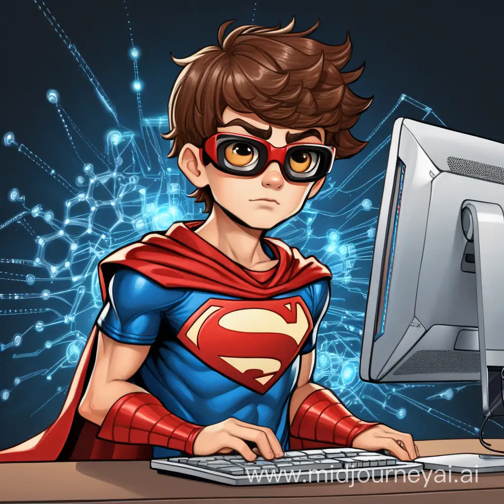 boy superhero with brown hair and technology superpowers working at a computer