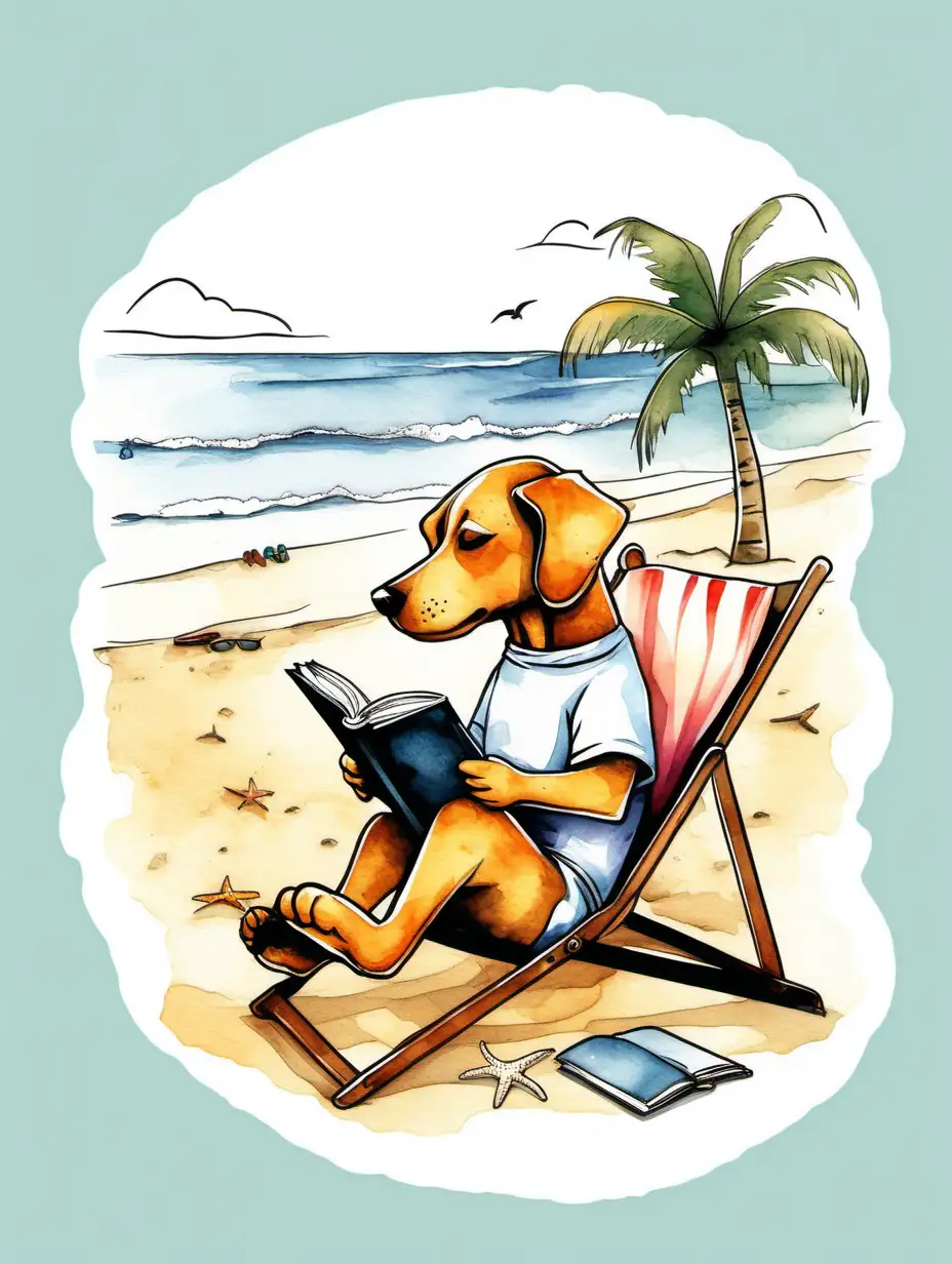 Vectorised Graphic T-Shirt Design. 

A dog reading a book and at the beach.

Style: Watercolour, sticker.
Mood: Playful.
White Background.