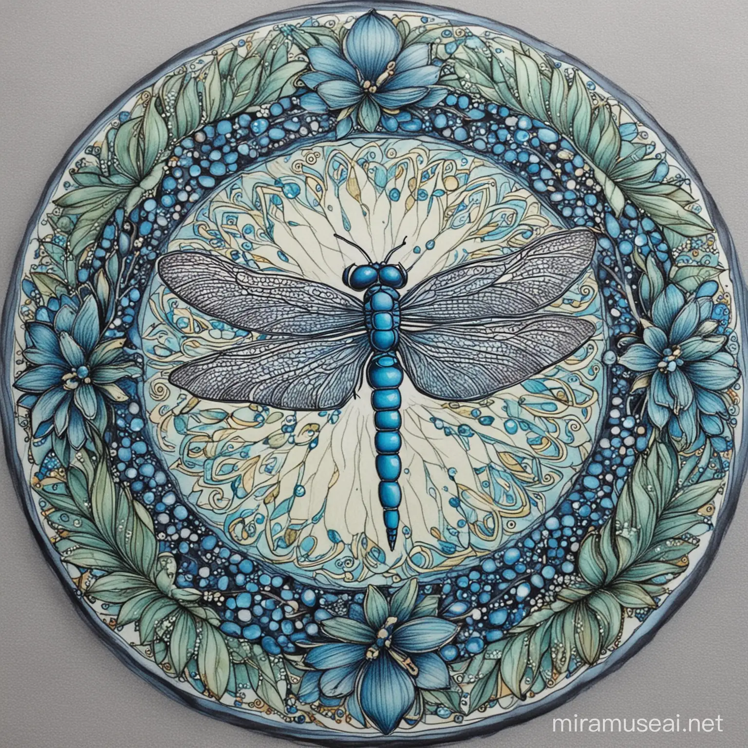 


Copy Prompt
take the dragonfly from the picture, incorporate it into the new mandala, just shades of blue , leaves a flowers around the edges of the outer circle. inside circle fill in with ornaments