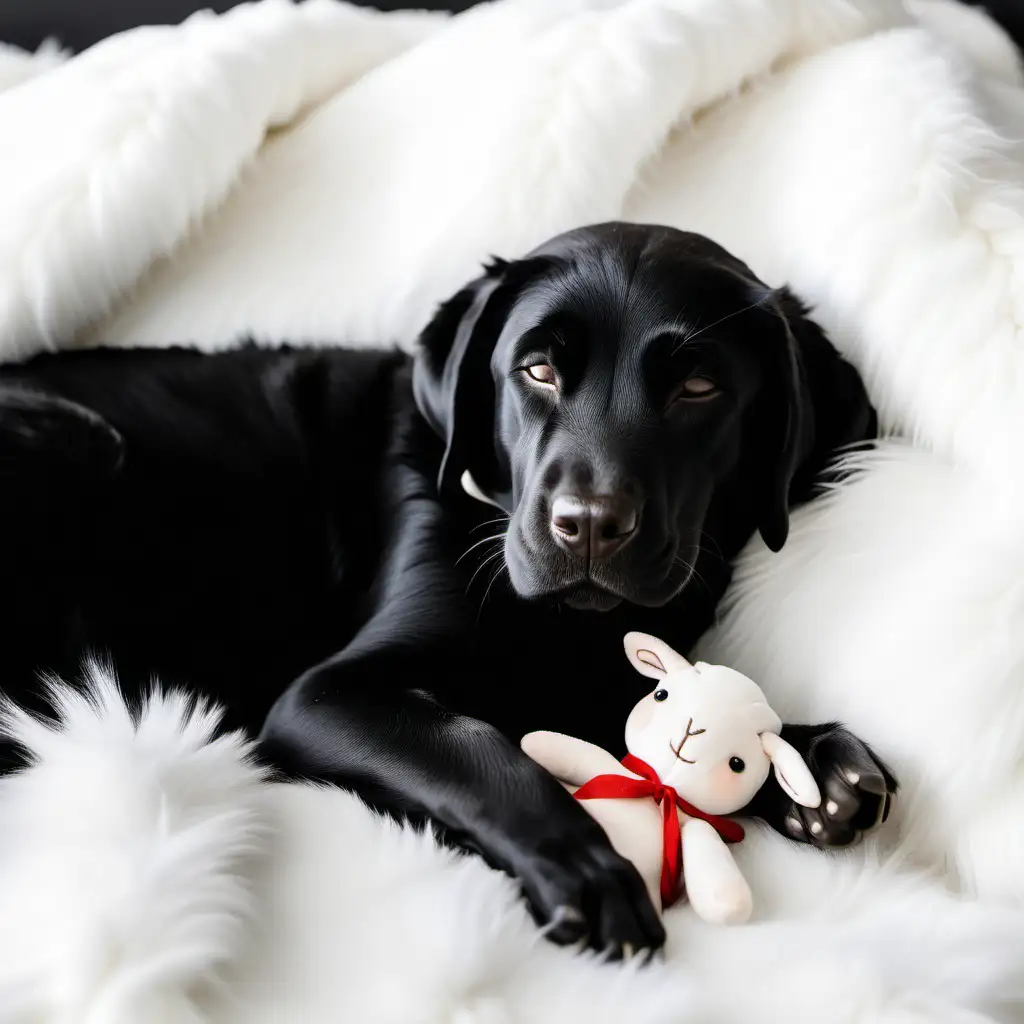 black lab sleeping curled up on white fur blanket with lamb stuffy