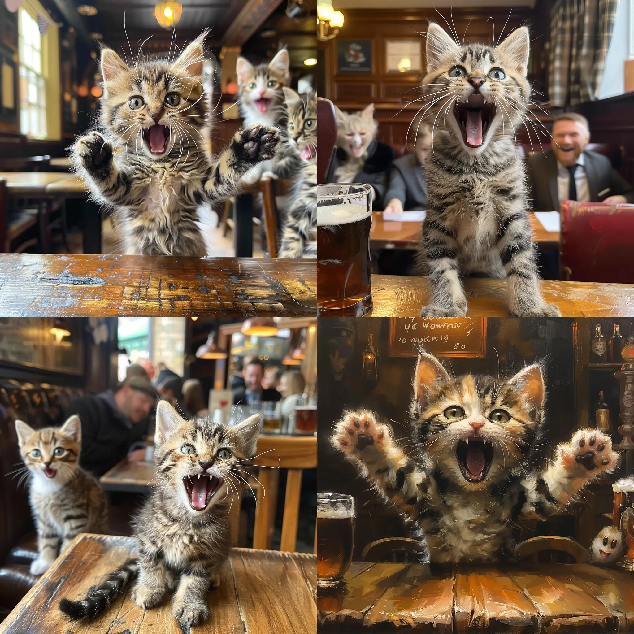 An excited kitten who just received good news and a promotion at work. It's celebrating with friends at a pub