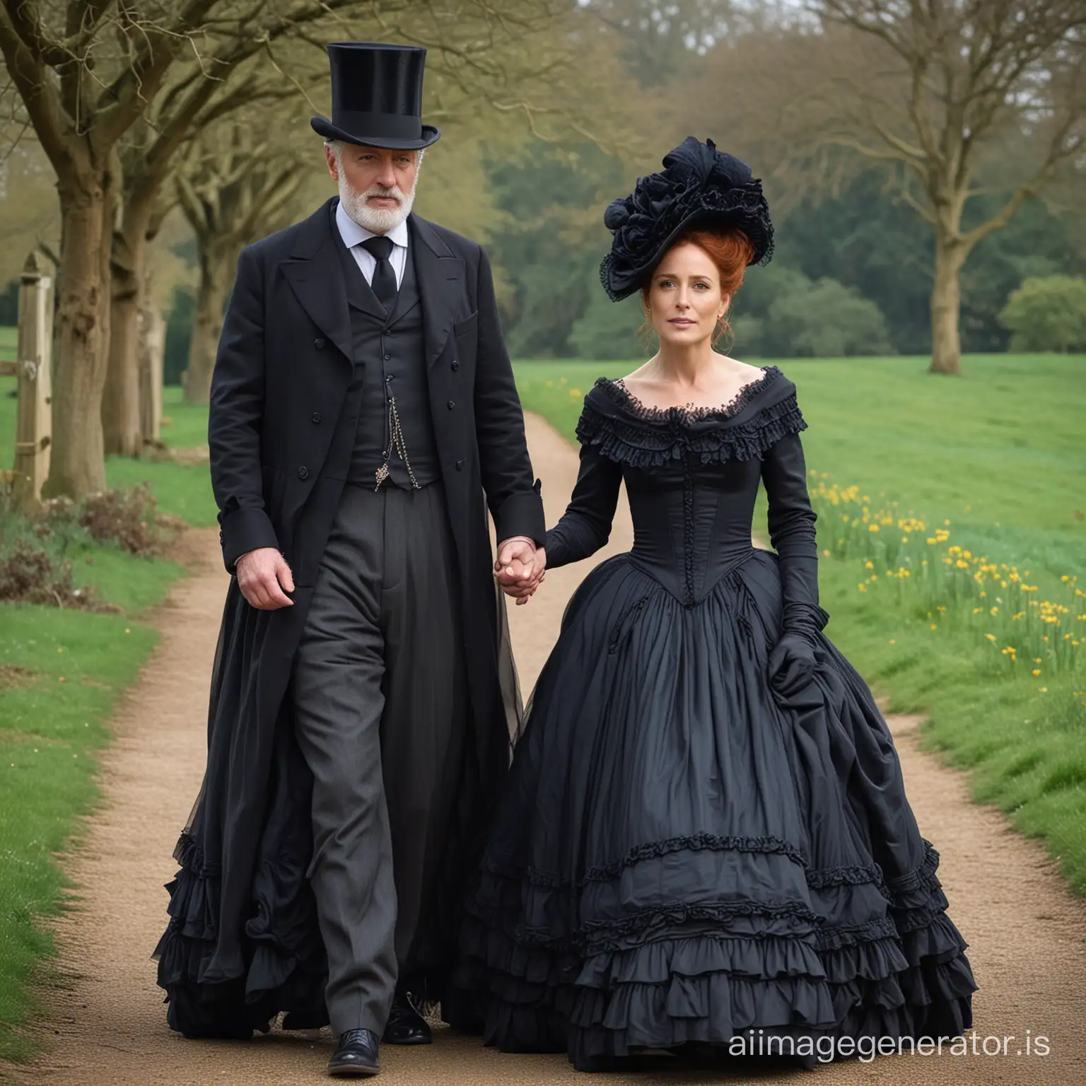 red hair Gillian Anderson wearing a dark navy floor-length loose billowing 1860 Victorian crinoline poofy dress with a frilly bonnet walking with an old man dressed in a black Victorian suit who seems to be her newlywed husband