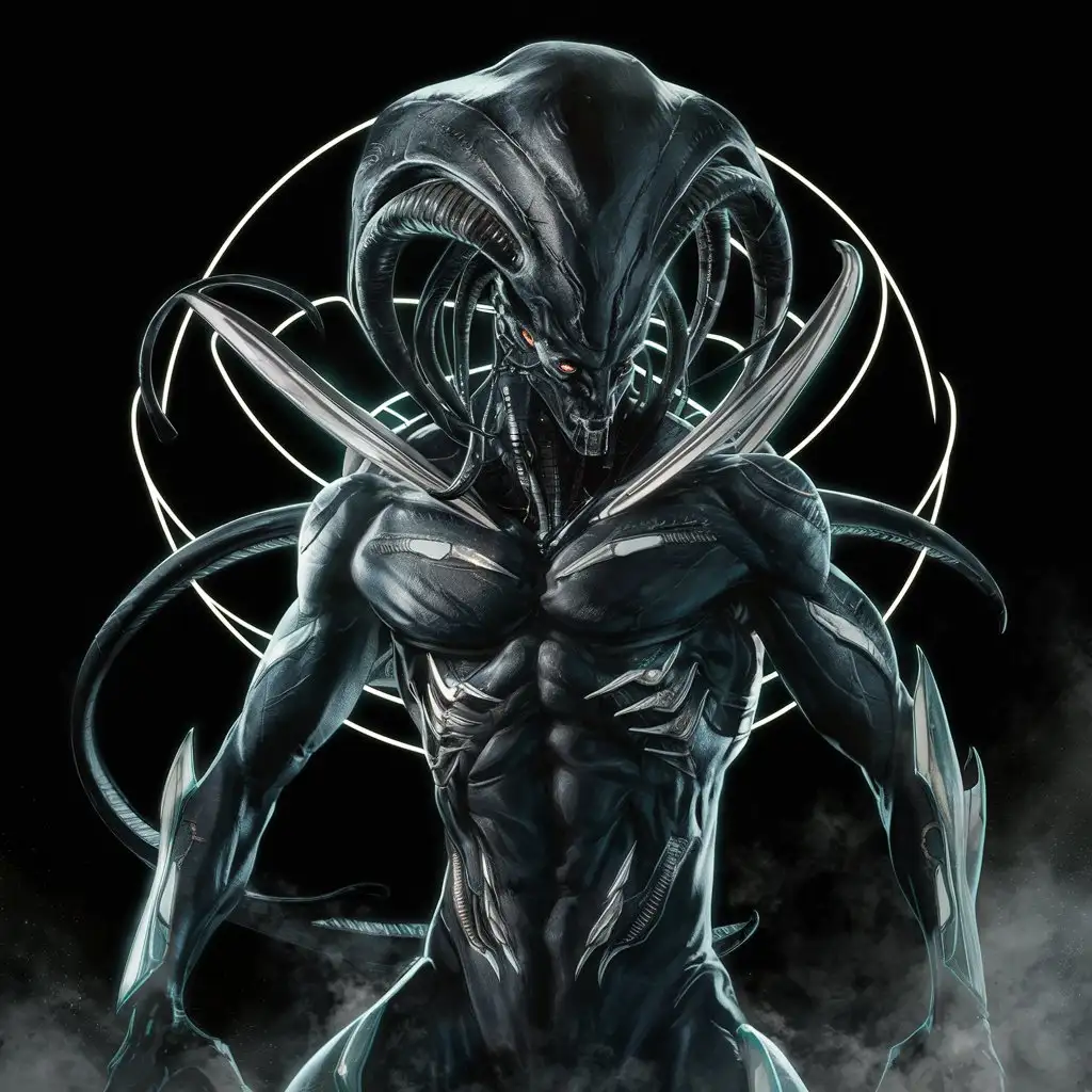 An exotic alien species with black skin in the style of organic cybernetics, dominating alpha predator, black cosmic background