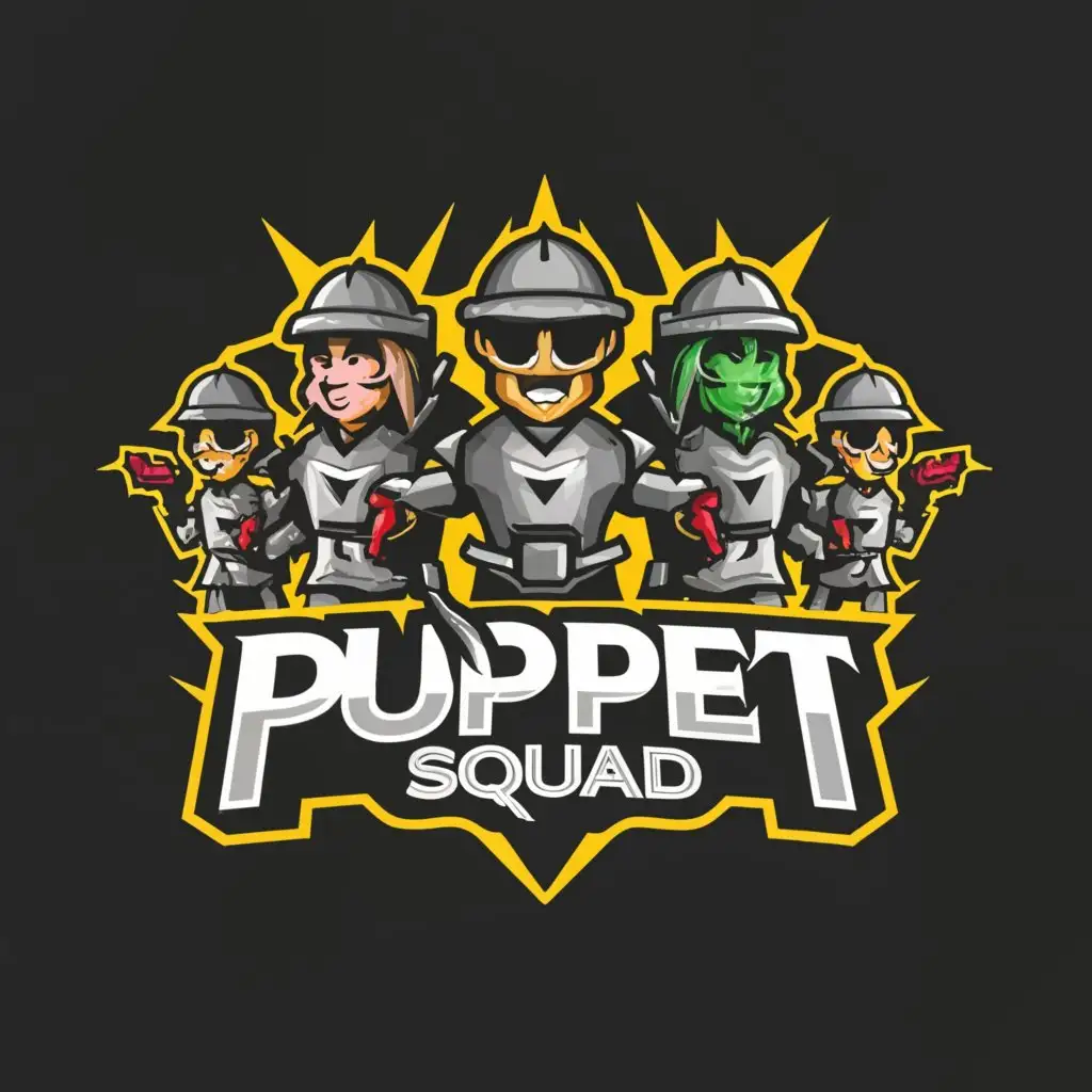 a logo design,with the text "Puppet Squad", main symbol:puppets going to a modern futurestic war with weapons,complex,be used in Entertainment industry,clear background