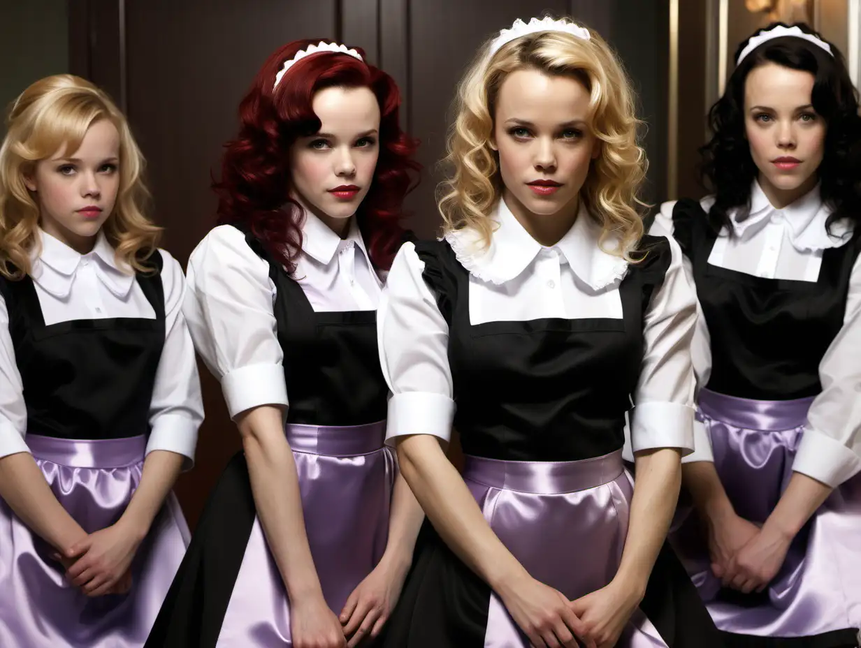 litle girls in long crystal satin retro maid lilac black uniforms and milf mothers long blonde and red hair,black hair rachel macadams