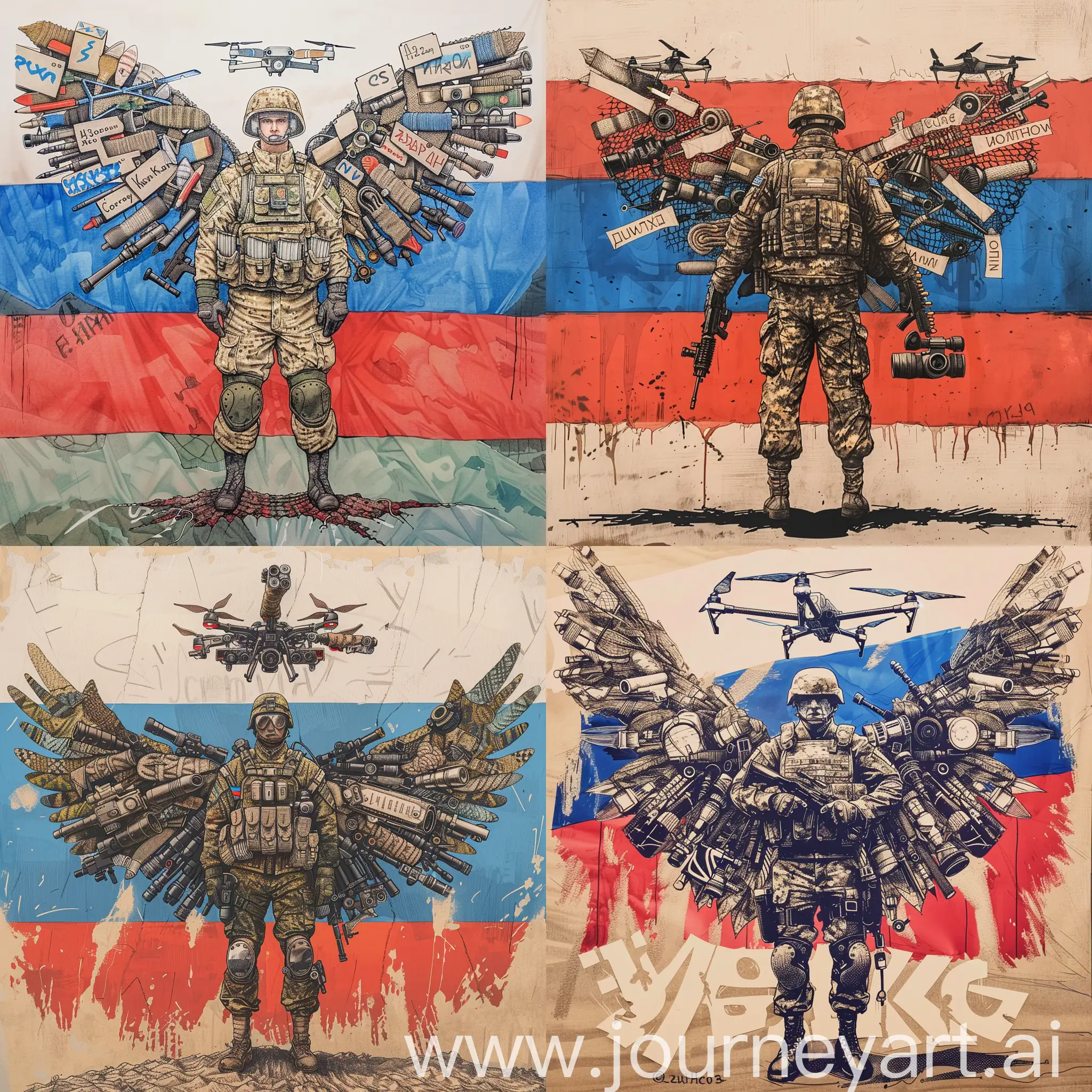 Russian-Soldier-with-Wings-Drone-Scope-and-Camouflage-Net-Composition