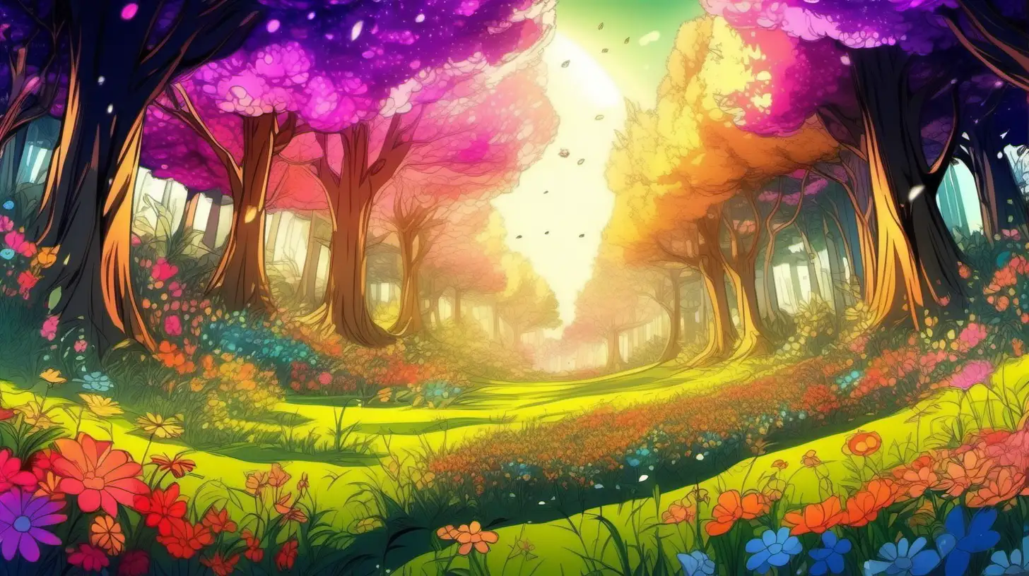 In beautiful cartoon style, an image of enchanting forest with a meadow with flowers and and a lot of warm sunlight with vivid colors and lively details, ultra hd, cartoon anime, vivid colors, highly detailed, perfect composition, beautiful detailed intricate insanely detailed perfect light