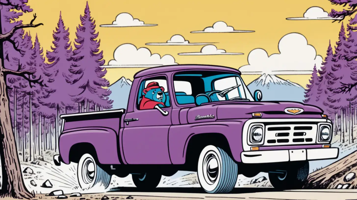 a purple bear, drives a red pickup truck down a windy road. The surrounding elements are trees. He then arrives outside the town dump. Show in 10 frames. Stylize as retro 1960s comic book. 