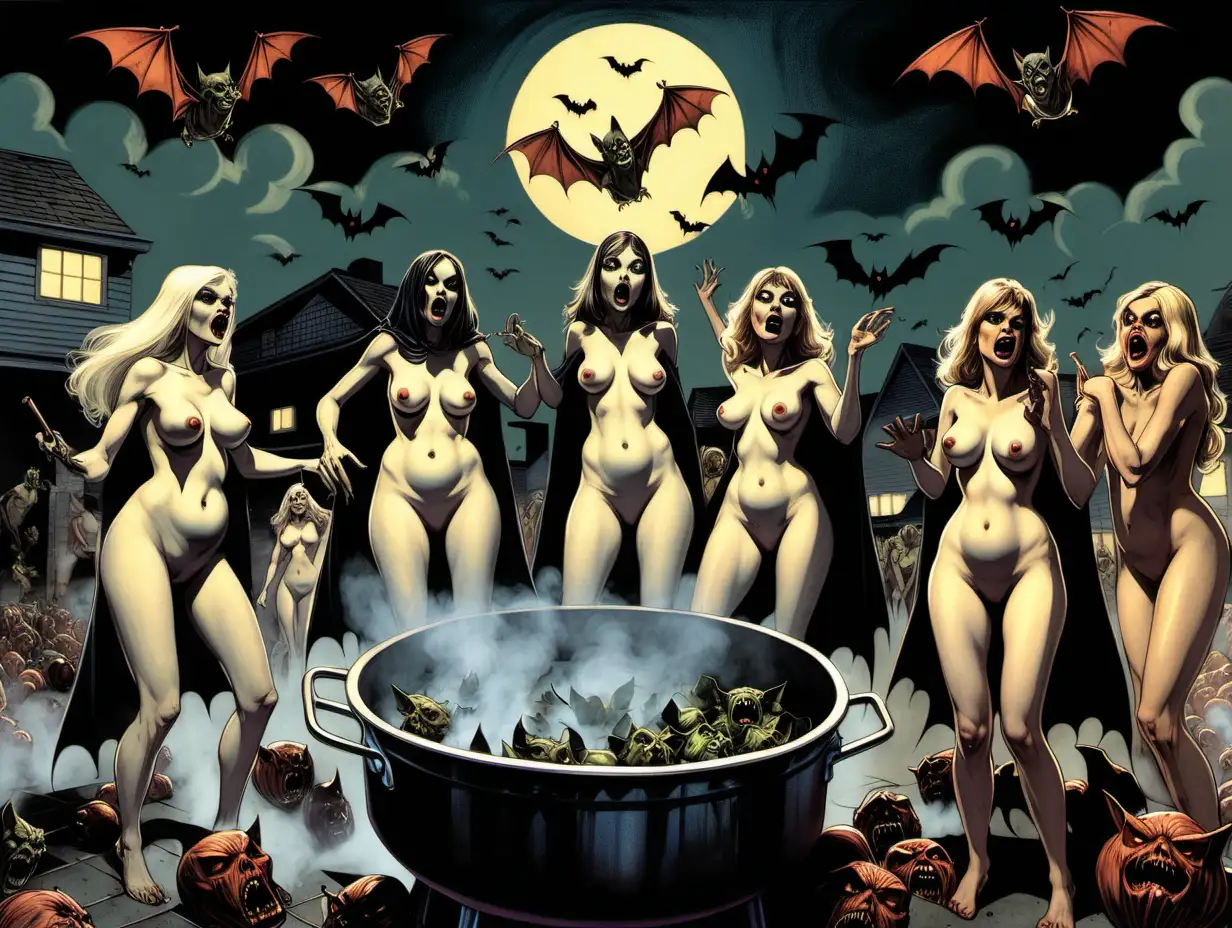 naked witches standing over a boiling pot of ogres in a parking lot vampire bats flying overhead Jim SSeranko style