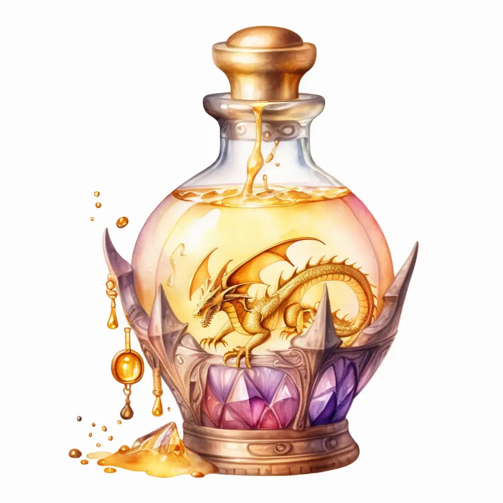 fantasy gold potion with dragonscale inside fantasy bottle, watercolor drawing, no background