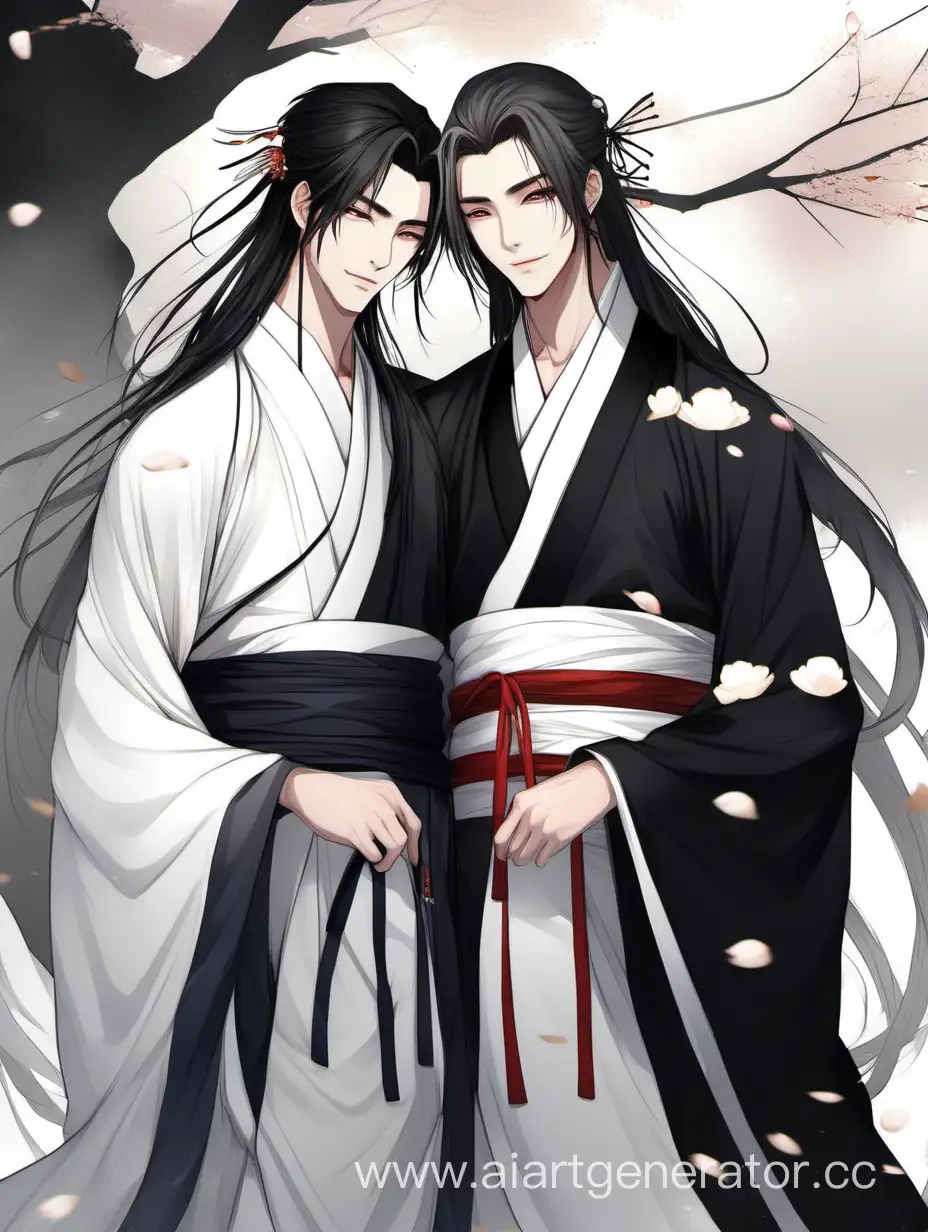 Двое красивых высоких молодых мужчин обнимаются, один в чёрном ханьфу второй в белом ханьфу, длинные тёмные волосы, большие глаза, мягкие улыбки