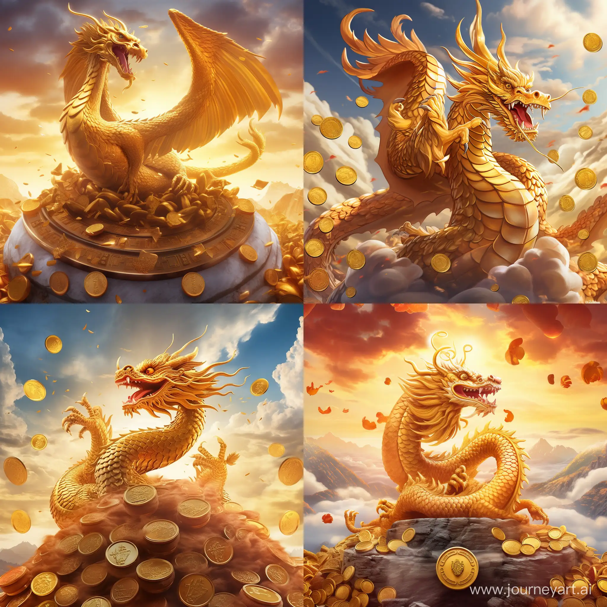 a golden chinese dragon flying in the golden sky, his hands hold gold coin, surrounded by cgold coins, realistic