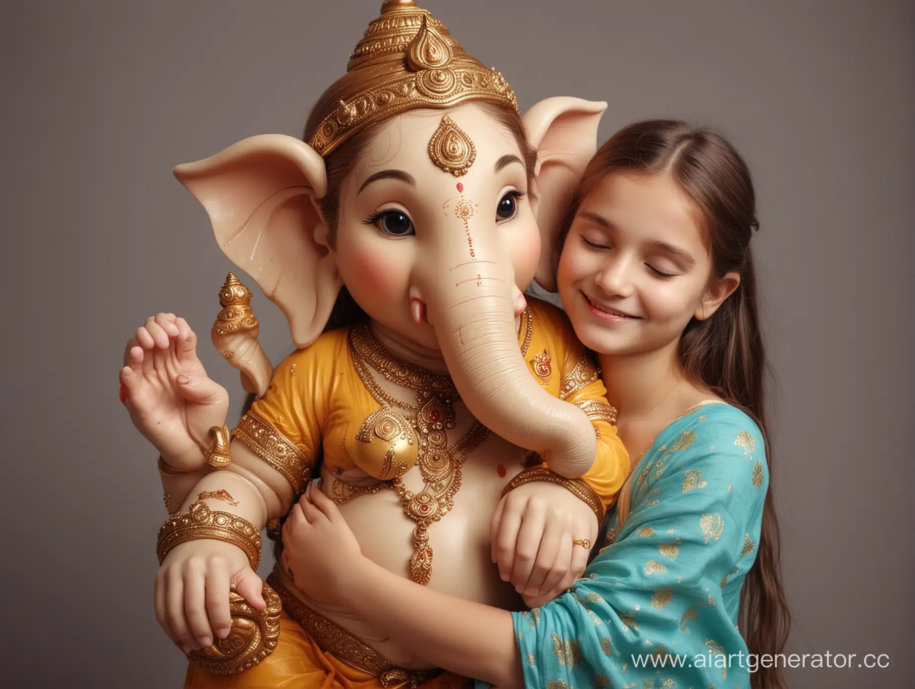 A girl hugs a happy Lord Ganesha. Professional photo 4k.