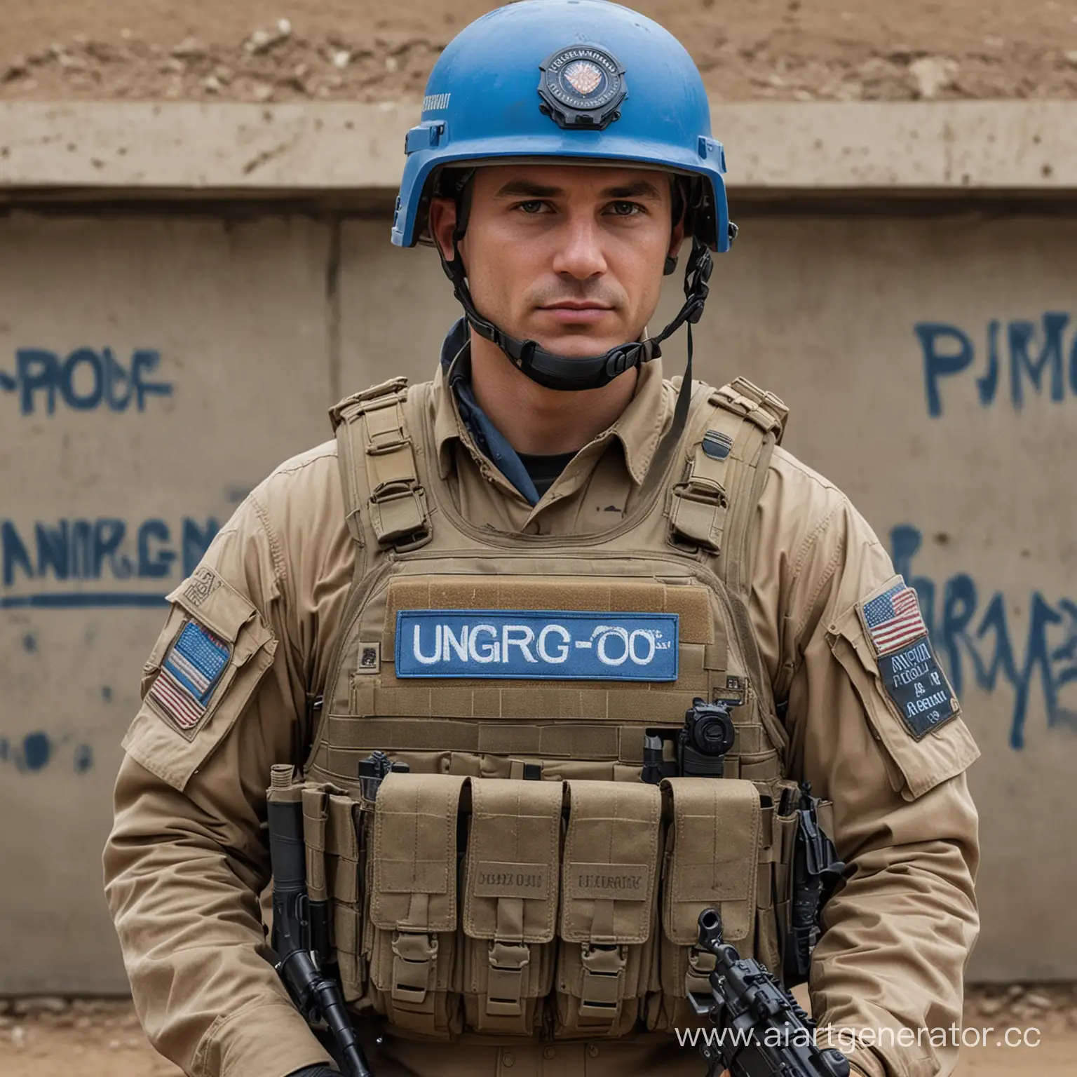 агент военной прессы, с тактическими разгрузками и бронежилетом, в синей каске, с винтовкой за плечом, с патчами с надписью UNGRO