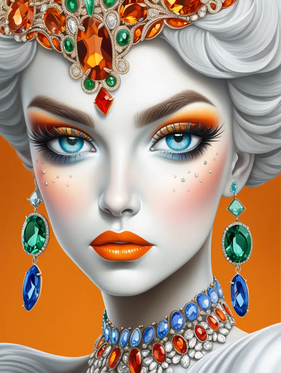 a elegant ladies face in cartoon style closeup, surrounded by orange and green jewels, she got blue eyes and red lips 