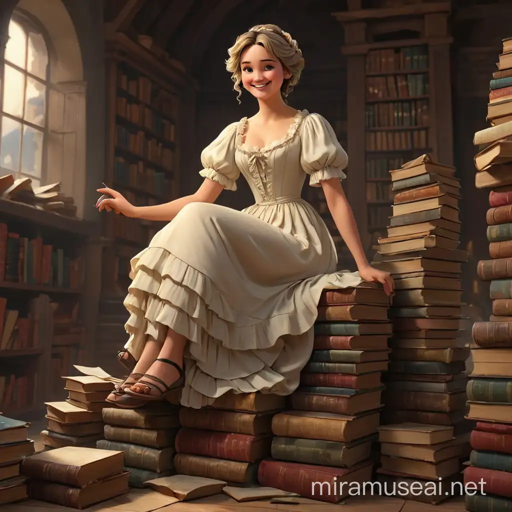 A woman in a beautiful early 19th century dress, sitting on a mountain of books stacked in stacks. She has her foot on her leg, smiling and flirting. A single goose feather has been inserted into her hair. We see her full-length, with arms and legs. In the style of realism, 3D animation.