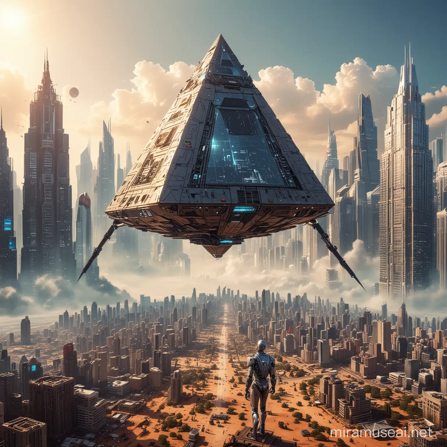 A close-up of a triangular pyramid, humanoid robots, super-advanced machines, a planet close to the sky, many skyscrapers.