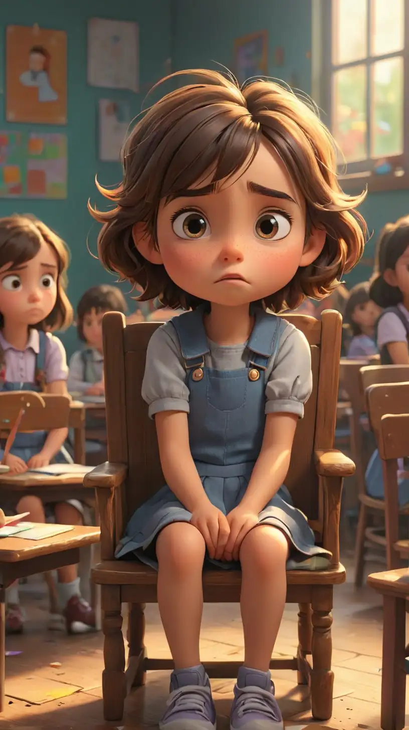 Create a 3D illustrator of an animated scene where a sad looking little girl sitting in her chair, with other little girls sitting in their places in the classroom. Beautiful, colourful and spirited background illustrations.