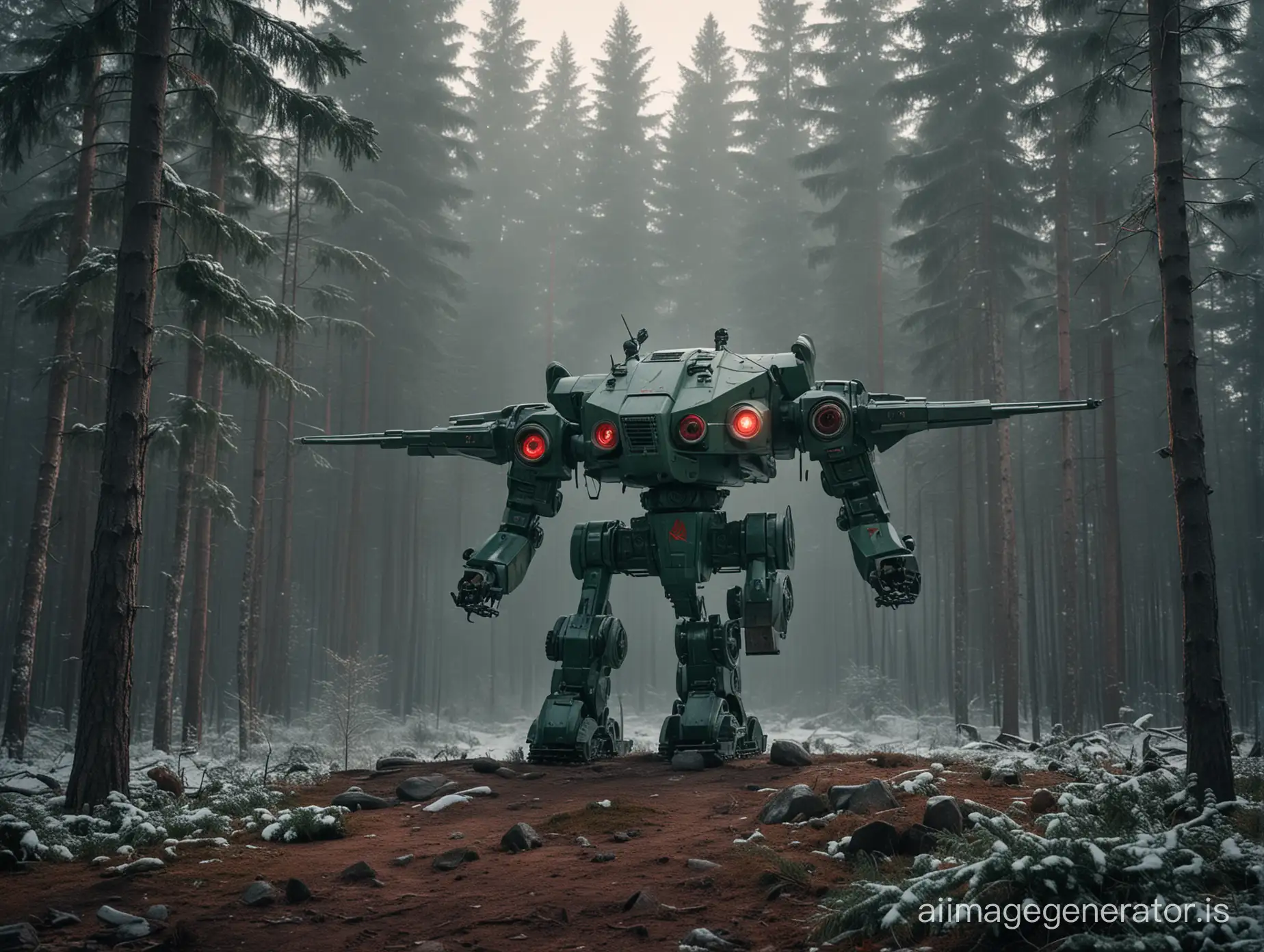 wide view, soviet research dark green ZAZ mech on Levitron. the sixties of the 20th century. coniferous forest. cinematic shot. winter. ground level shot, epic, cinematic background, dramatic, atmospheric. dawn. large inscription on the body of the CCCP . star. hammer and sickle
