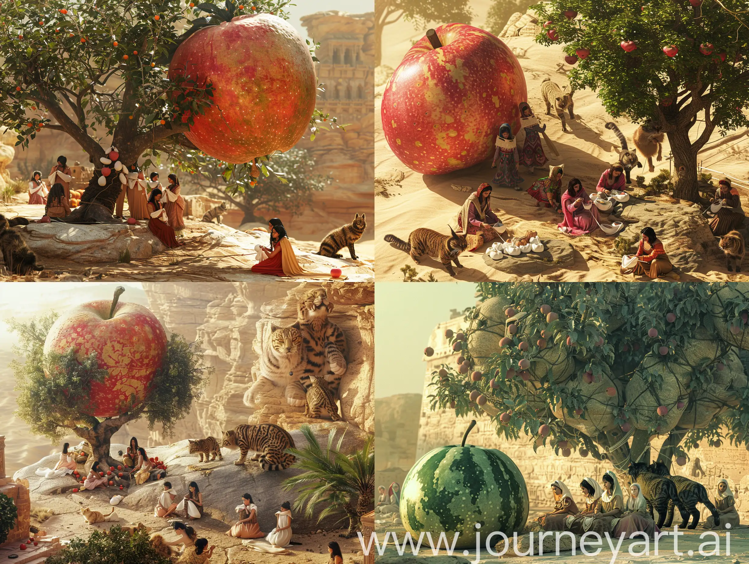 A large apple the size of a watermelon is on a rock next to a large apple tree, and beautiful young Persian women are knitting cotton shawls under this tree, while several giant cats the size of horses are tied to the tree next to the tree. in a desert, in an ancient civilization, cinematic, epic realism,8K, highly detailed, bird's eye view, glamour lighting, backlit