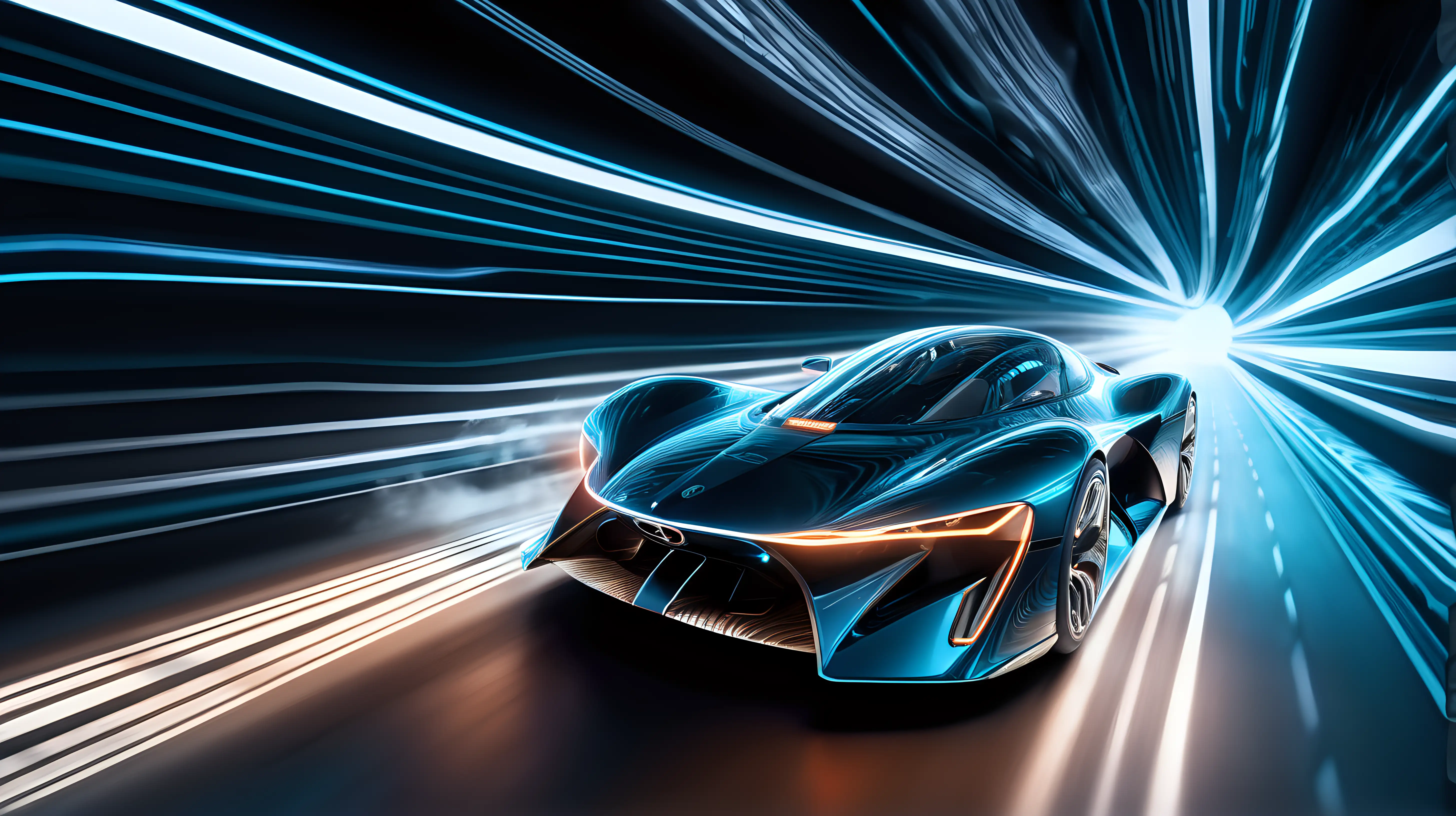 A futuristic high-speed car zooming through a tunnel, surrounded by swirling vortexes of light and energy, creating a mesmerizing visual spectacle against a pitch-black background.