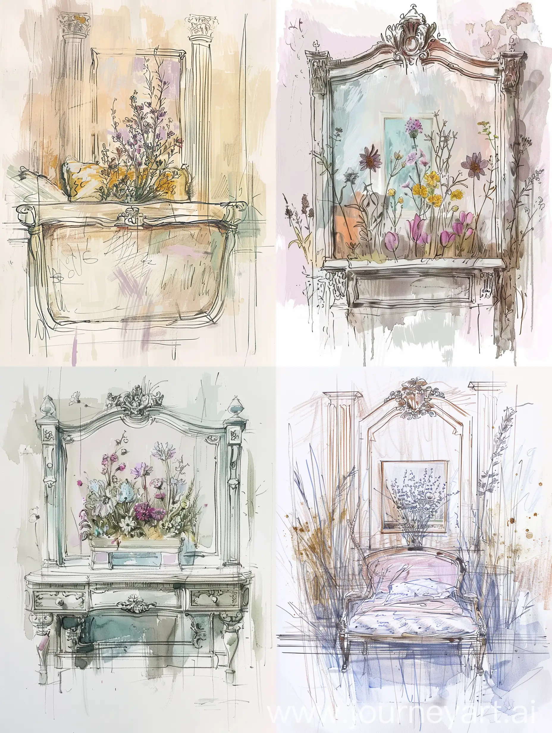 Antique-Shabby-Chic-Bed-with-Wildflower-Painting-HandDrawn-Sketch-in-Pastel-Shades