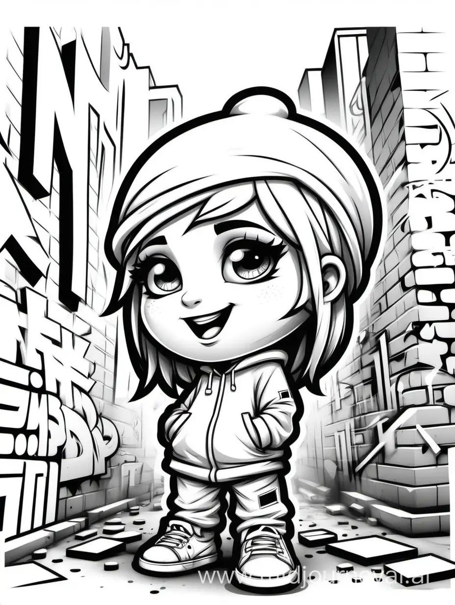 Create a coloring page, all white , black outline, graffiti art , graffitti characters, no shading, low detail, white background 