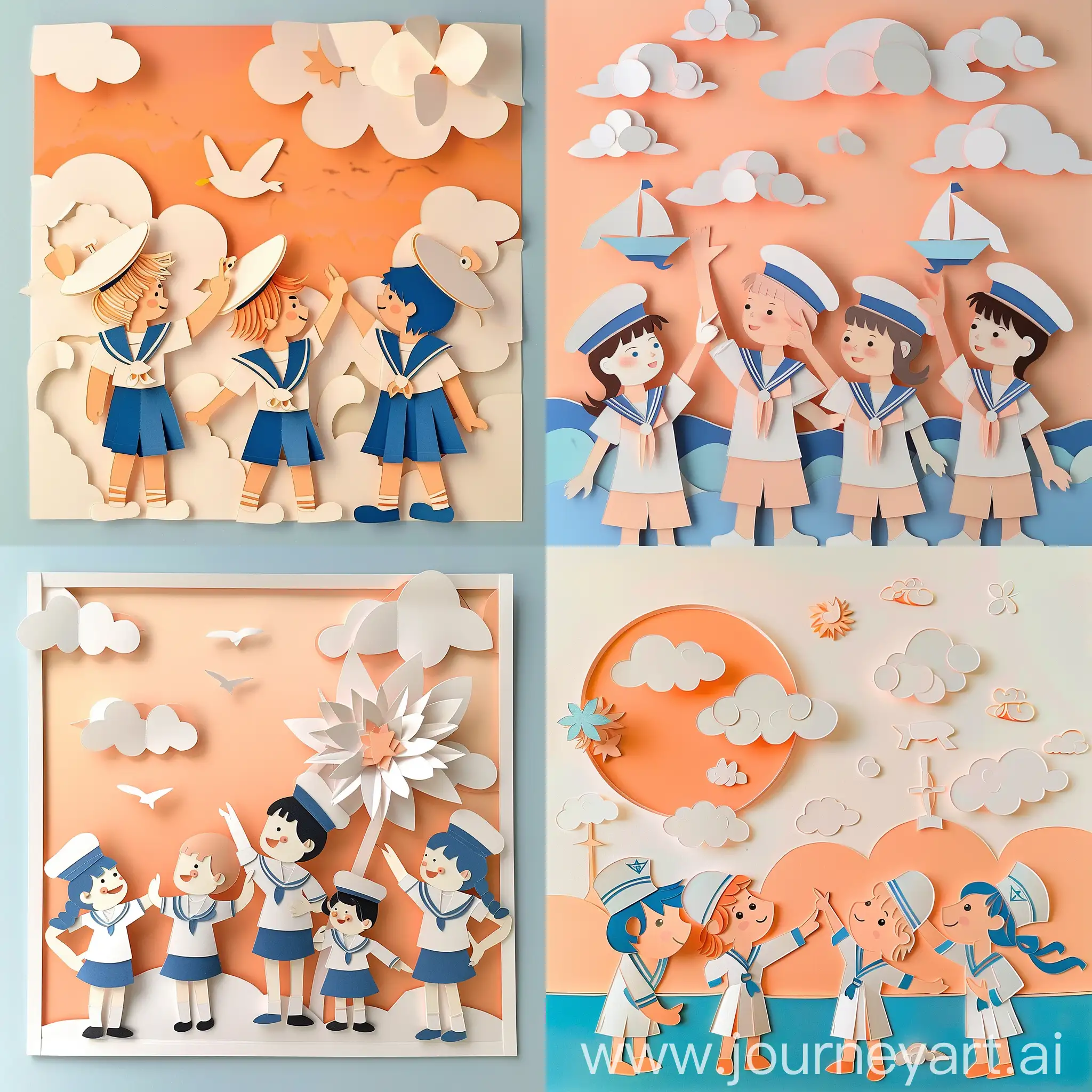 Create papercut art featuring cartoon kindergarten students, wearing sailor uniforms, pointing at the peachy sky