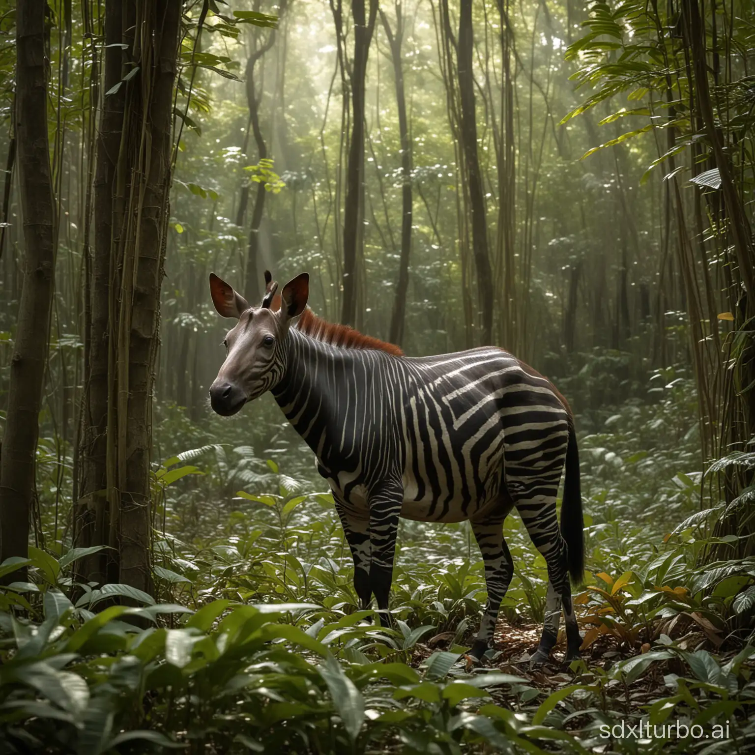 Dans la dense forêt équatoriale de l'Ituri, où la végétation est luxuriante et les arbres s'entremêlent pour former un dais verdoyant, un okapi se déplace avec grâce. Sa silhouette élégante se fond parfaitement dans l'environnement boisé. Avec ses pattes fines et son corps brun foncé marqué de rayures horizontales blanches distinctives, l'okapi semble presque se fondre dans l'ombre des arbres.  Les rayons du soleil percent à travers la canopée, créant des taches de lumière qui dansent sur le sol recouvert de feuilles mortes. L'okapi se déplace avec précaution, utilisant ses oreilles mobiles pour détecter le moindre son de la forêt. Autour de lui, le murmure des ruisseaux cachés et le chant des oiseaux tropicaux ajoutent une ambiance mystérieuse à cet habitat dense et riche en biodiversité.  Des lianes pendantes et des plantes épiphytes décorent les arbres environnants, ajoutant une touche de couleur à la palette de verts de la forêt. Parfois, l'okapi s'arrête pour se nourrir des feuilles tendres ou des fruits tombés au sol, démontrant son adaptation à ce habitat forestier unique.