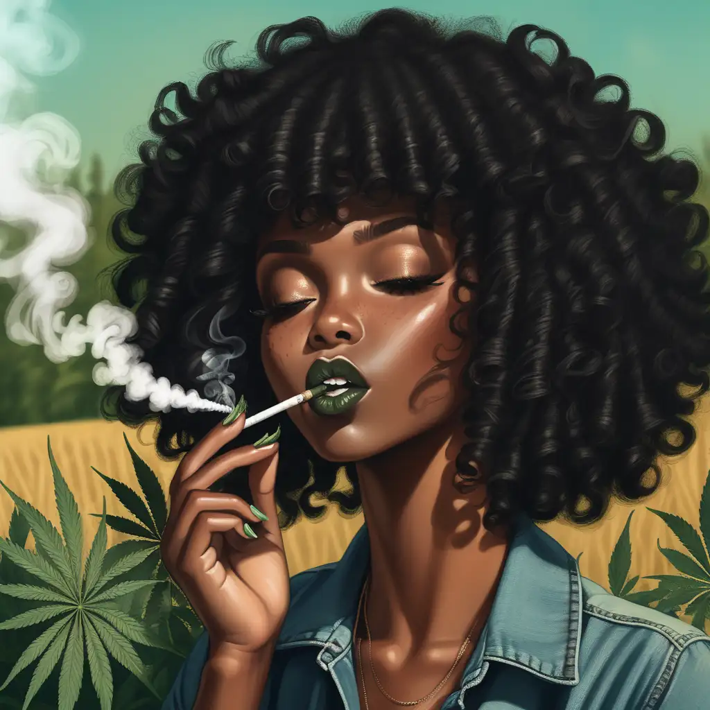 Sexy Black dark skin Woman with a black curly hairstyle smoking a joint in a field of cannabis. There is smoke coming out of her mouth.